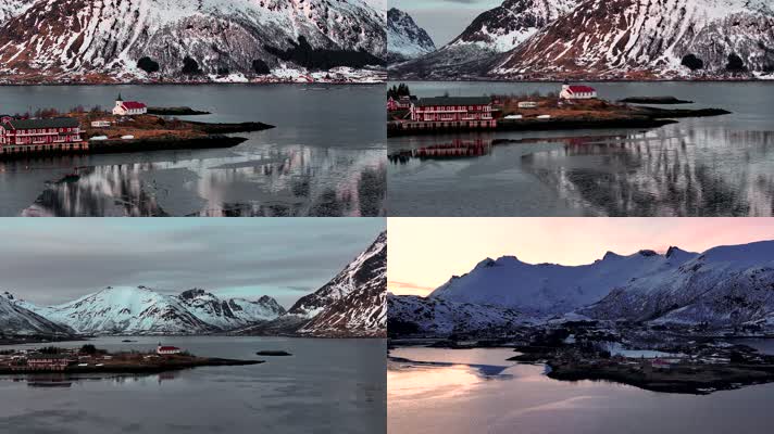 4K航拍北欧挪威罗弗敦群岛雪景风光