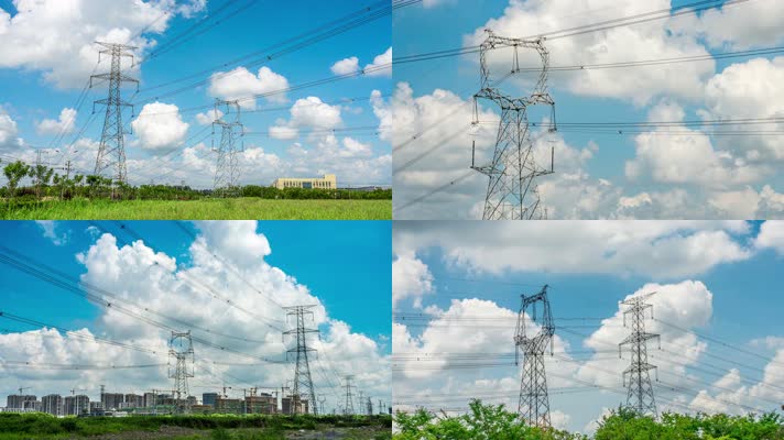 高压塔电输送蓝天白云电力清洁能源延时4K