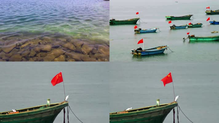 大海里渔船上的红旗