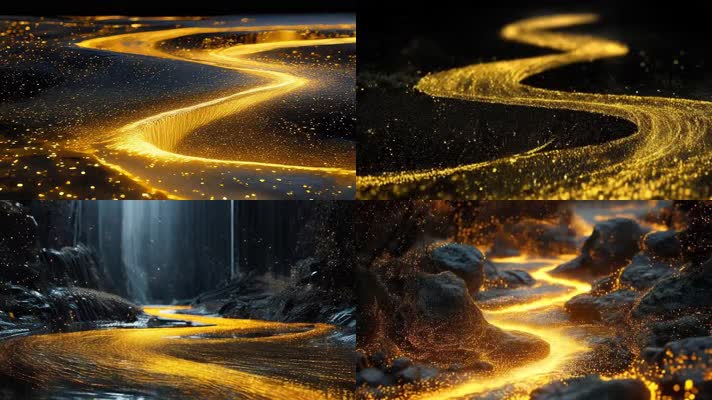 「有版权」金色粒子线条蜿蜒河流瀑布 合集