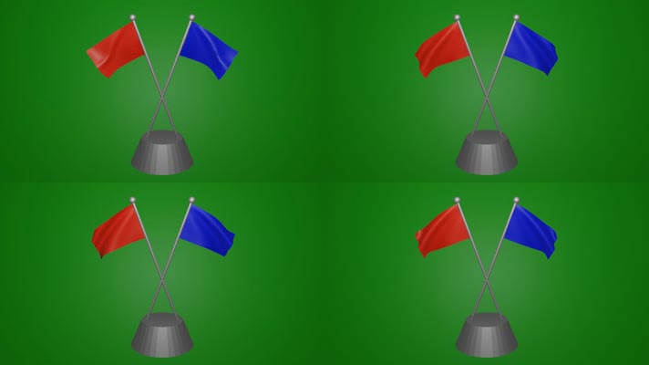 随风飘扬的红蓝双旗交叉对称摆件纯绿色背景