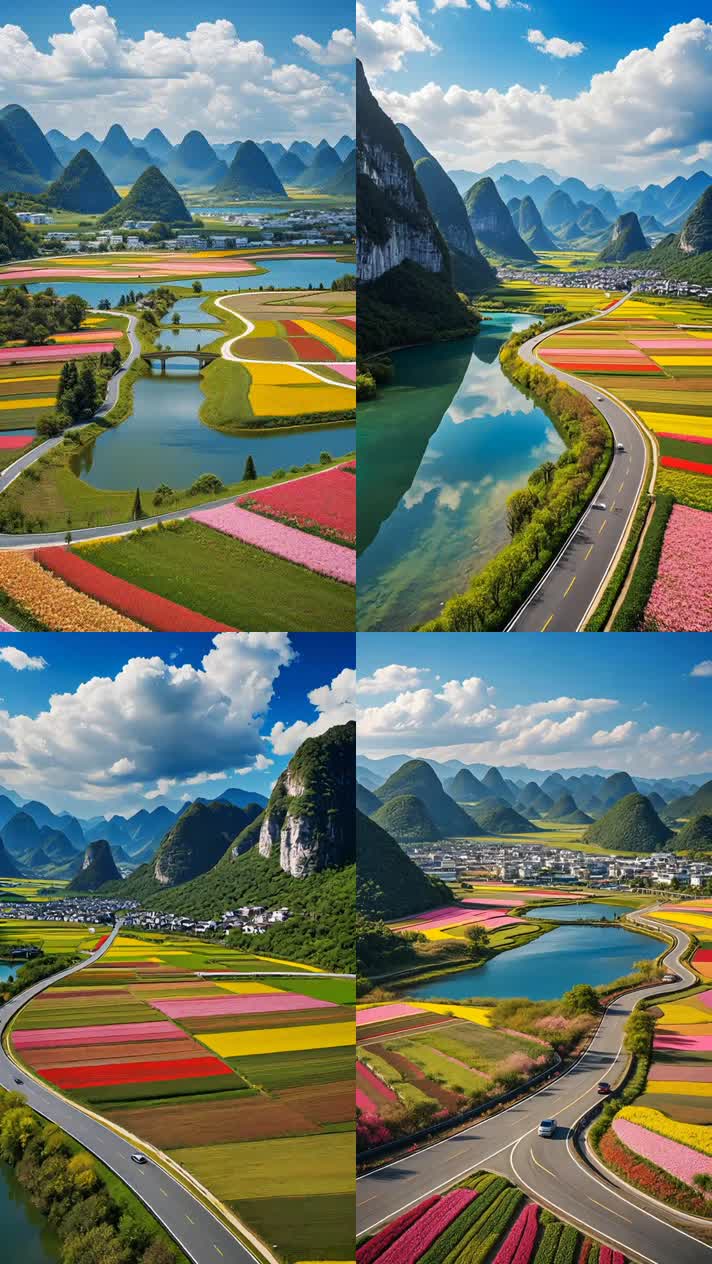 航拍桂林山水田园风光漓江自然美景