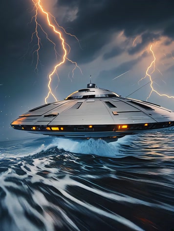 海上飞碟在雷电中飞行