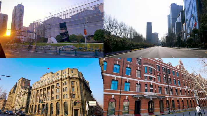 车内视角上海早晨外滩建筑