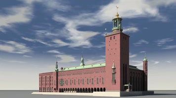 城市高楼前飘扬的宣传旗帜