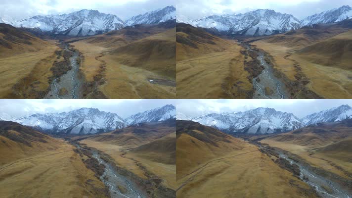 青海二尕公路航拍祁连雪山下的河流峡谷风光