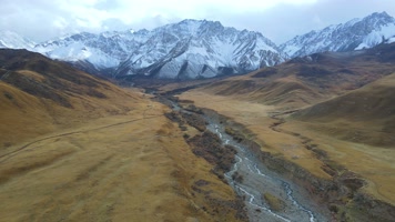 青海二尕公路航拍祁连雪山下的河流峡谷风光