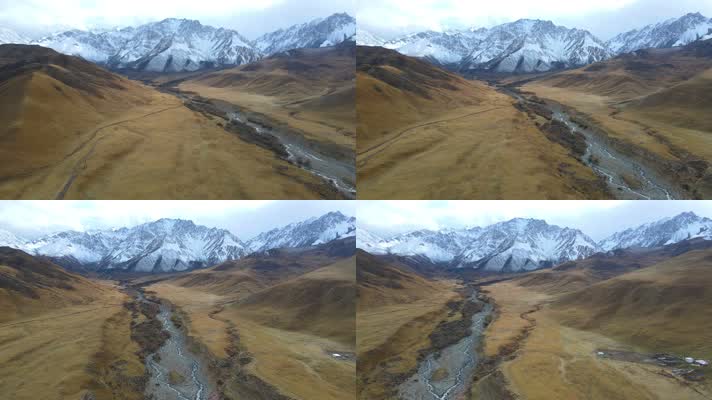 青海二尕公路航拍祁连雪山下的河流峡谷风光